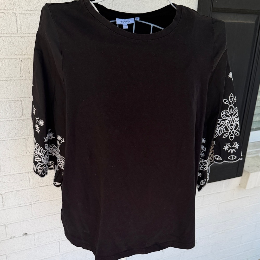 Chico's Elegant Black Long Sleeve with White Embroidery